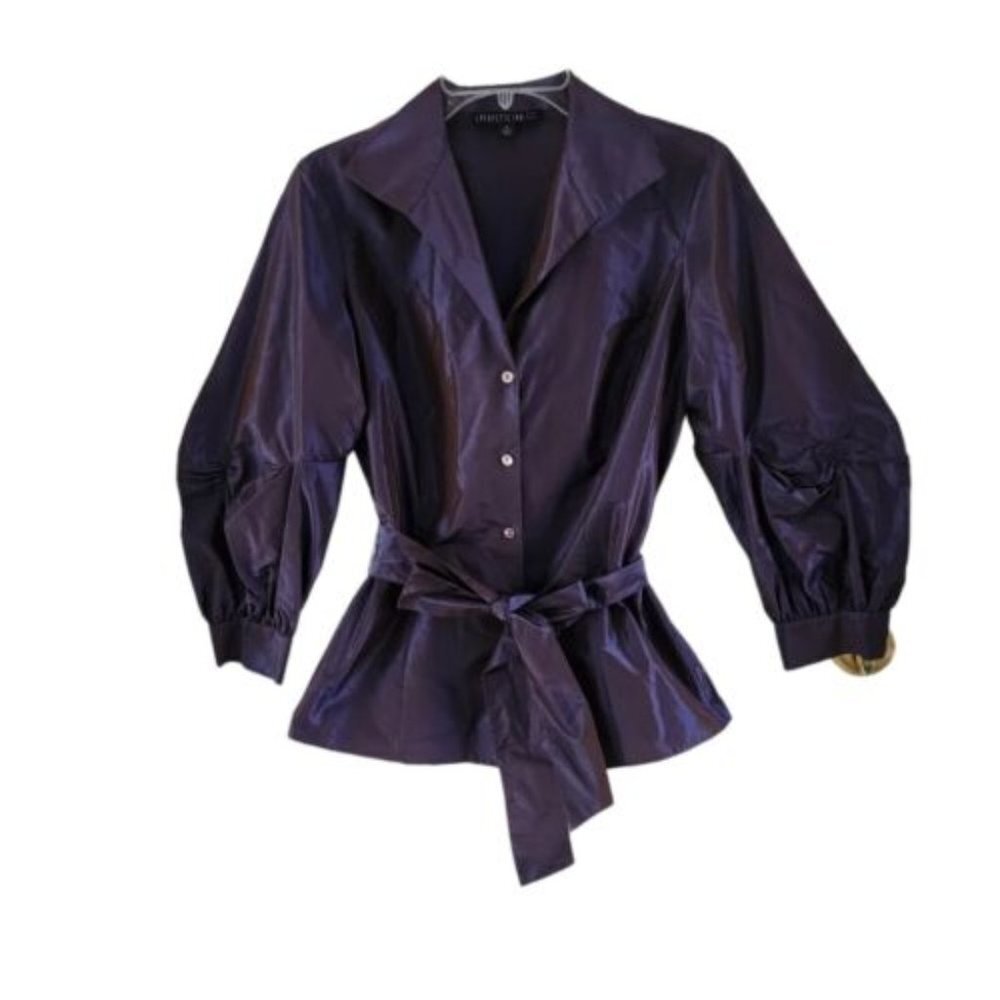 Lafayette 148 Purple Iridescent Silk Puff Sleeves Button Front Tie Waist Size 4